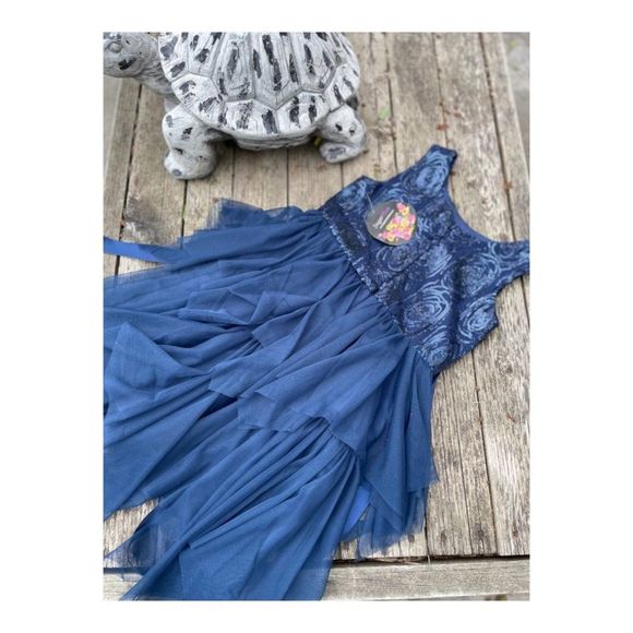 Dark Blue Party Tank Dress Sequins Handkerchief Tiered Hemline Sz 7 Youth - Picture 3 of 13